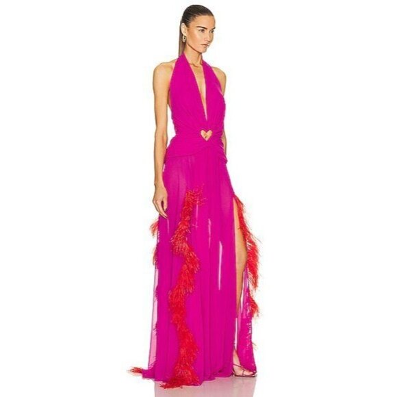 NERVI Maria Clara Feather Dress in Fuchsia 36 New Womens Long Maxi Heart Gown - Picture 3 of 16